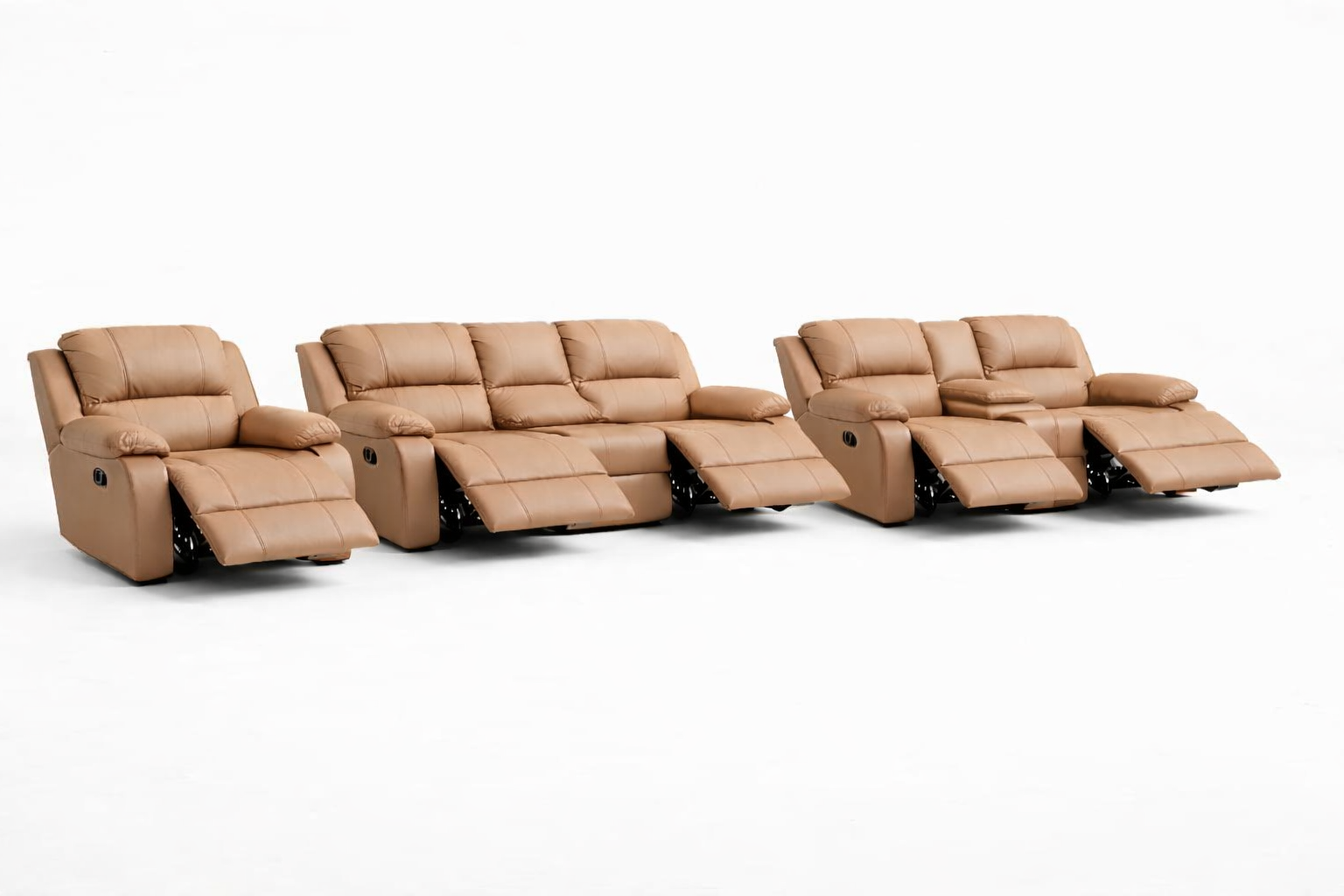 3-2-1 Full Recliner Sofa Set with Console – Embossed Buffalo Fabric: 5 Recliners