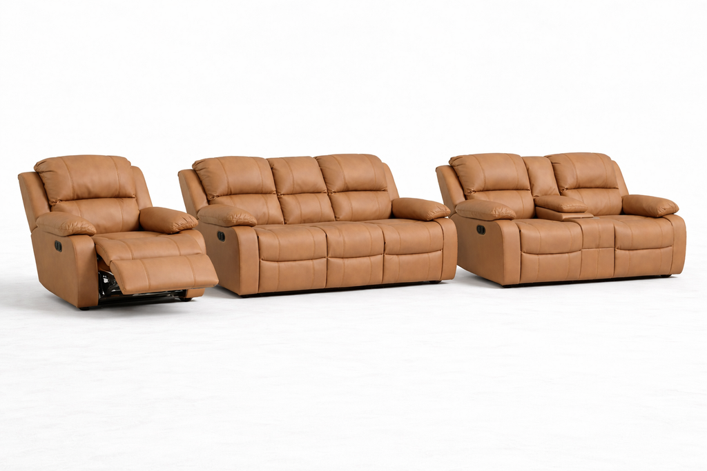 3-2-1 Sofa Set with Console & Recliner Chair – Embossed Buffalo Fabric