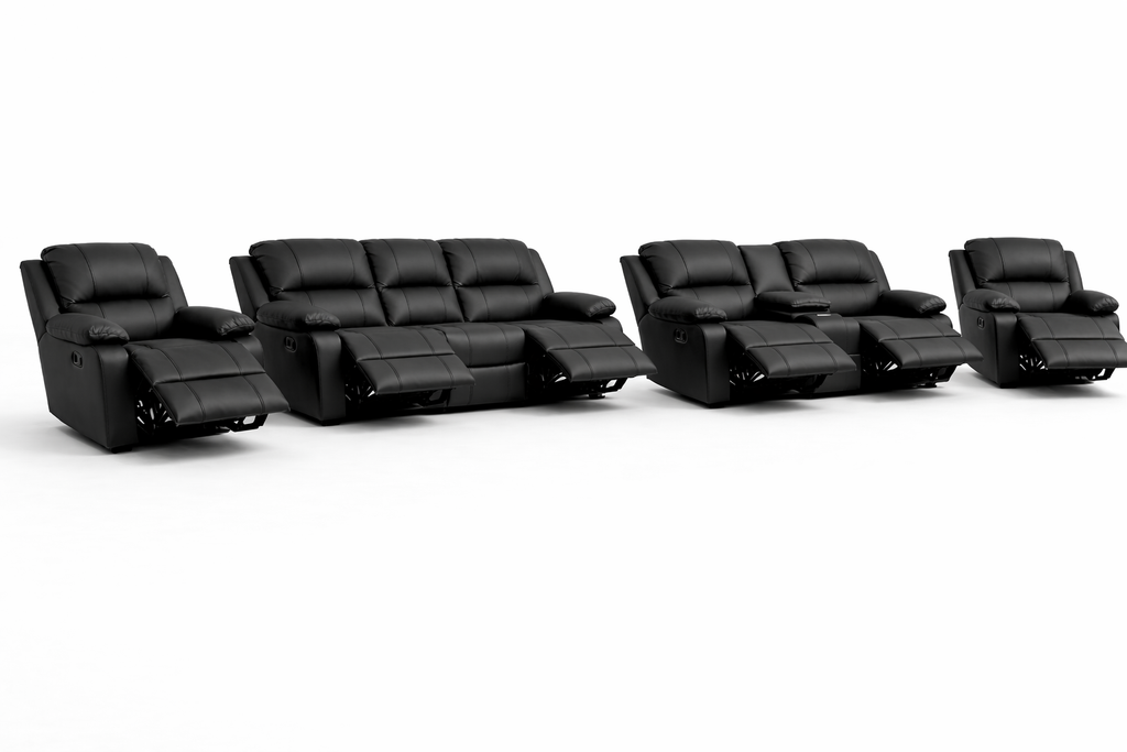 3-2-1-1 Full Recliner Sofa Set with Console – 6 recliners, Embossed Buffalo Fabric