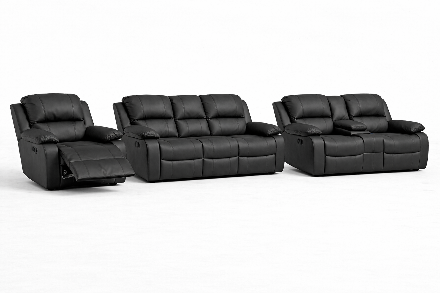 3-2-1 Sofa Set with Console & 1 Recliner Chair – Genuine Leather
