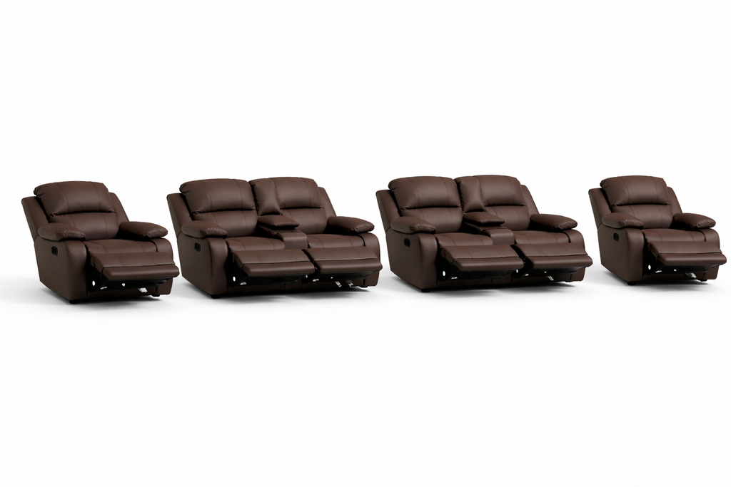 2-2-1-1 Full Recliner Sofa Set with Dual Consoles – Embossed Buffalo Fabric 6 Recliners