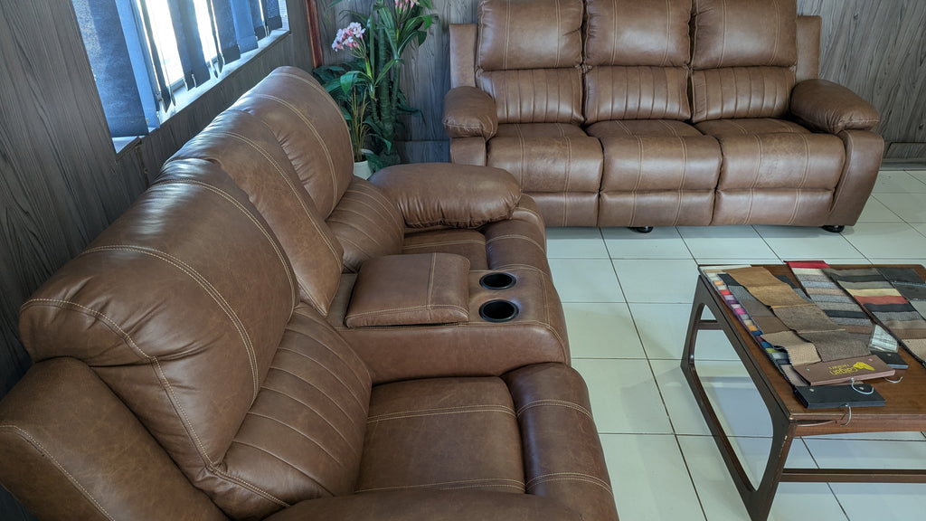 Genuine Leather 6 seater set with 3 recliners and cupholders