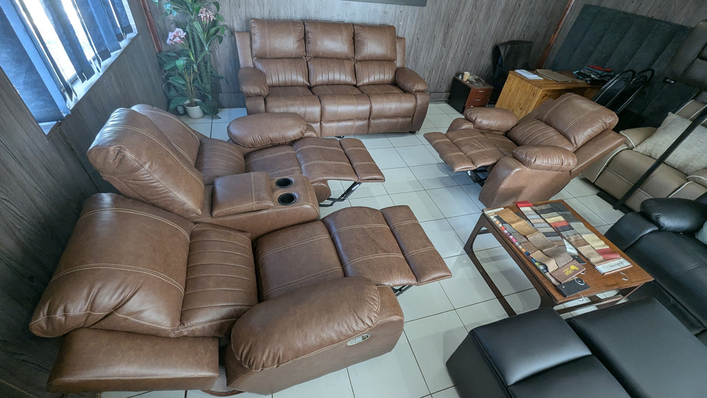 Genuine Leather 6 seater set with 3 recliners and cupholders