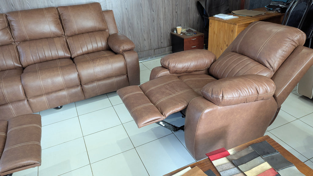 Genuine Leather 6 seater set with 3 recliners and cupholders