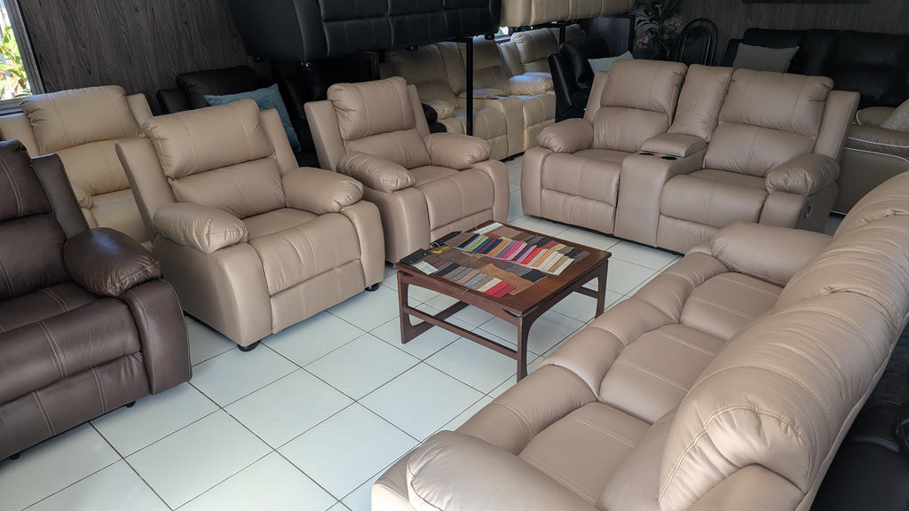 7-Seater Beige Buffalo Fabric Recliner Lounge Suite with Console & Cup Holders