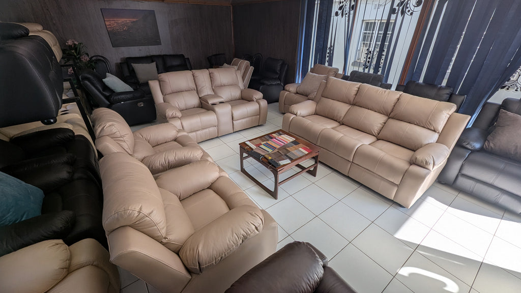 7-Seater Beige Buffalo Fabric Recliner Lounge Suite with Console & Cup Holders
