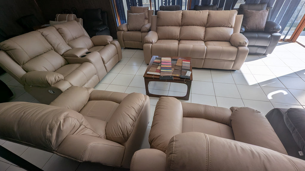 7-Seater Beige Buffalo Fabric Recliner Lounge Suite with Console & Cup Holders