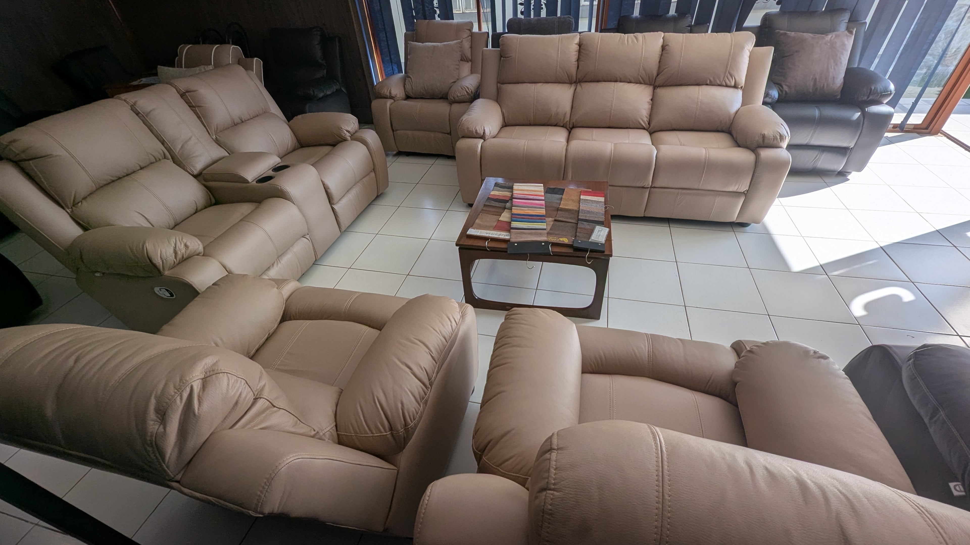 7-Seater Beige Buffalo Fabric Recliner Lounge Suite with Console & Cup Holders