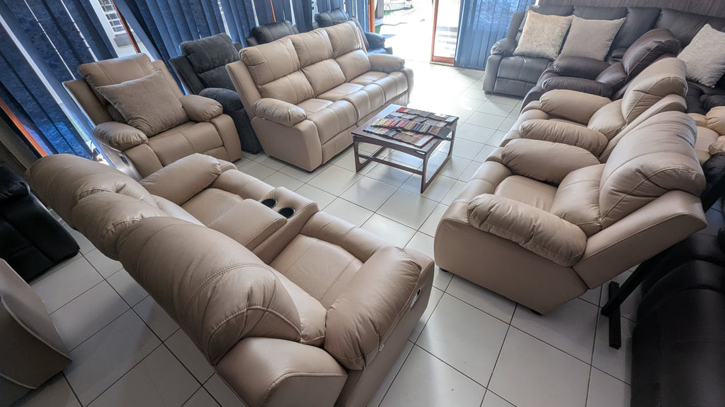 7-Seater Beige Buffalo Fabric Recliner Lounge Suite with Console & Cup Holders
