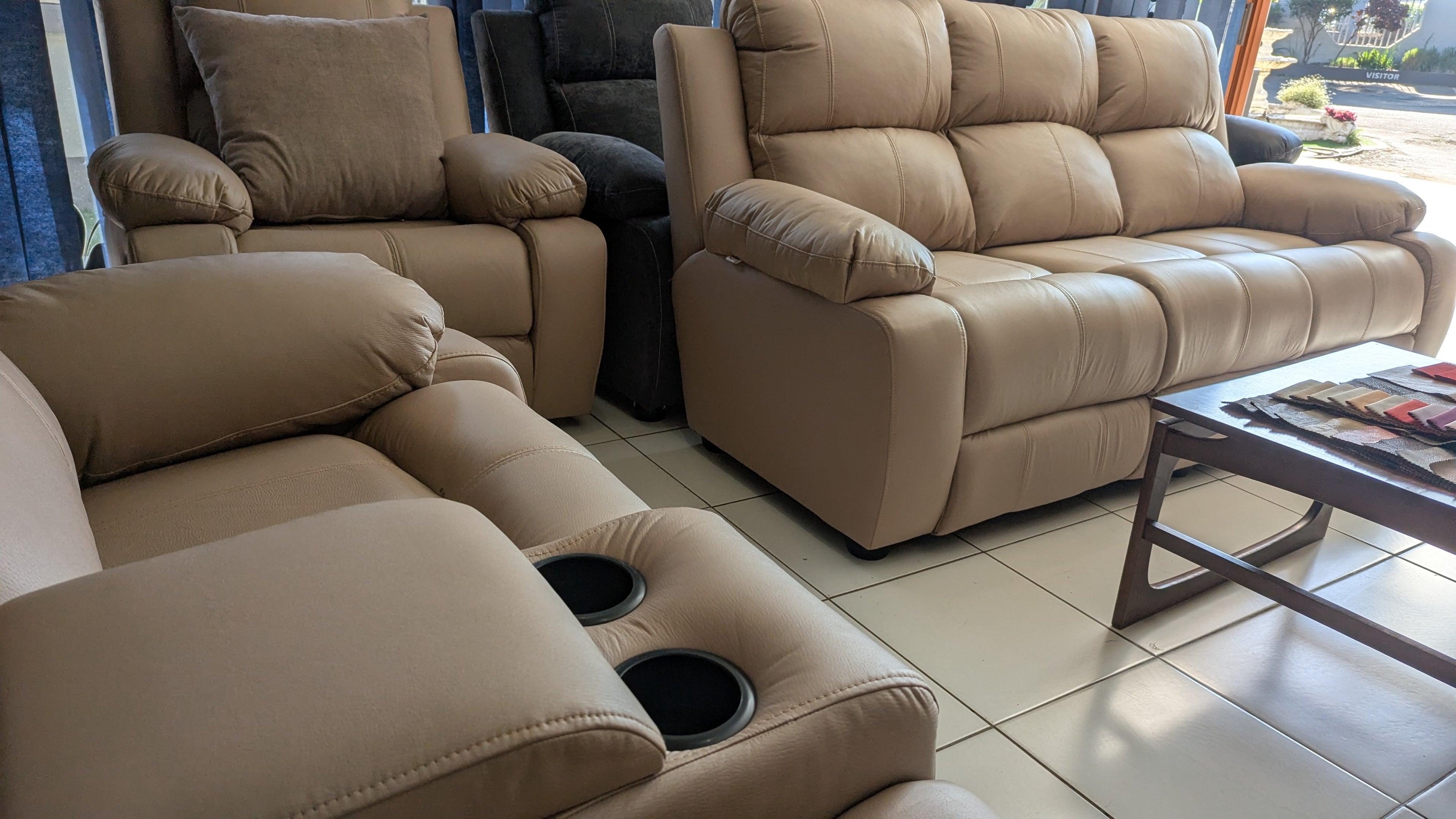 7-Seater Beige Buffalo Fabric Recliner Lounge Suite with Console & Cup Holders