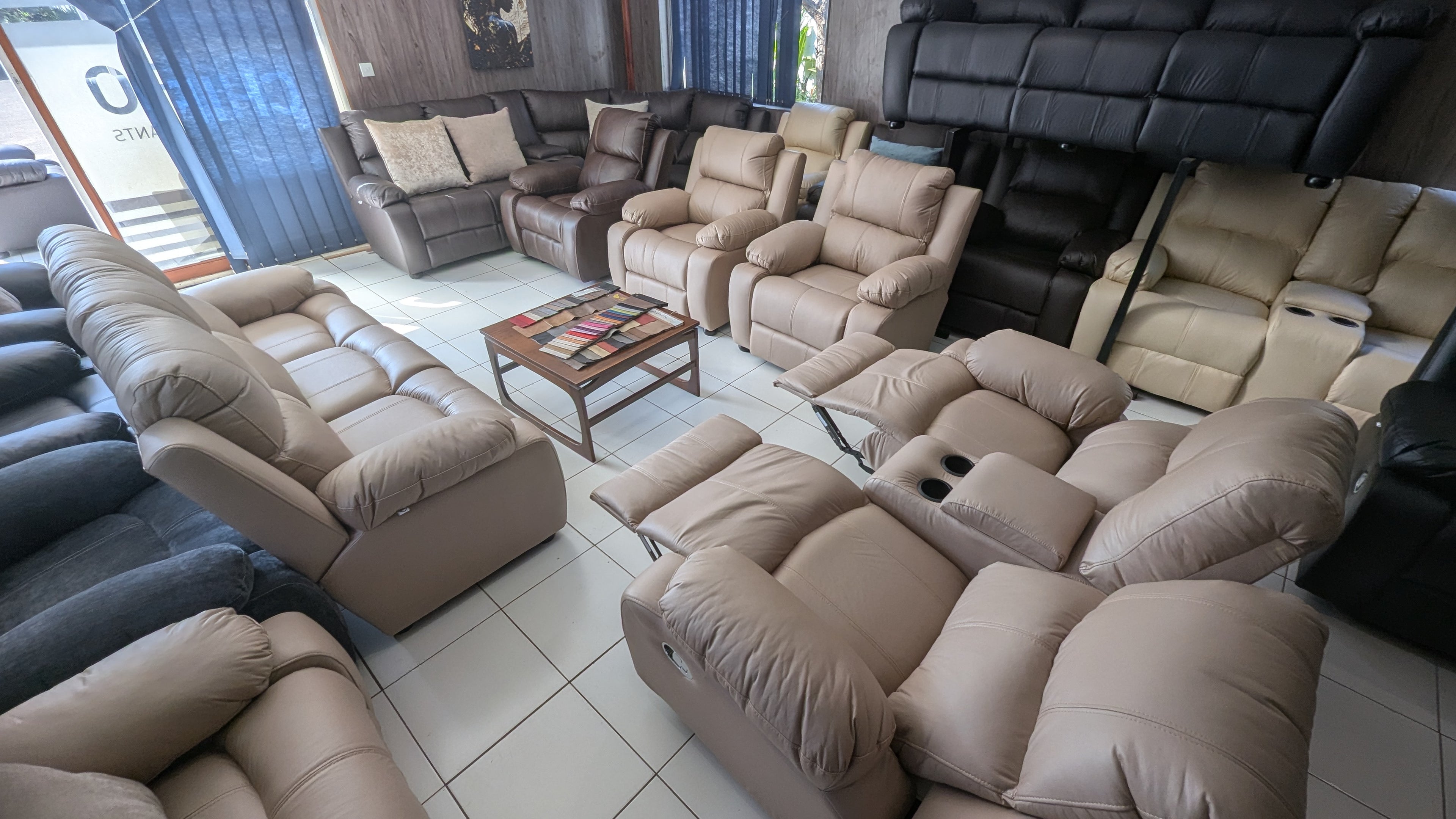 7-Seater Beige Buffalo Fabric Recliner Lounge Suite with Console & Cup Holders