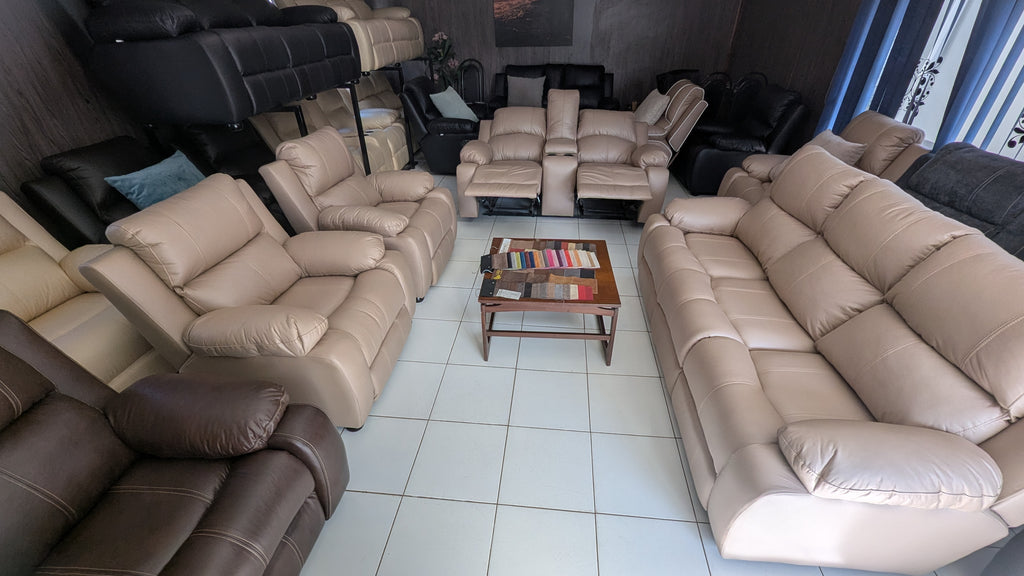 7-Seater Beige Buffalo Fabric Recliner Lounge Suite with Console & Cup Holders