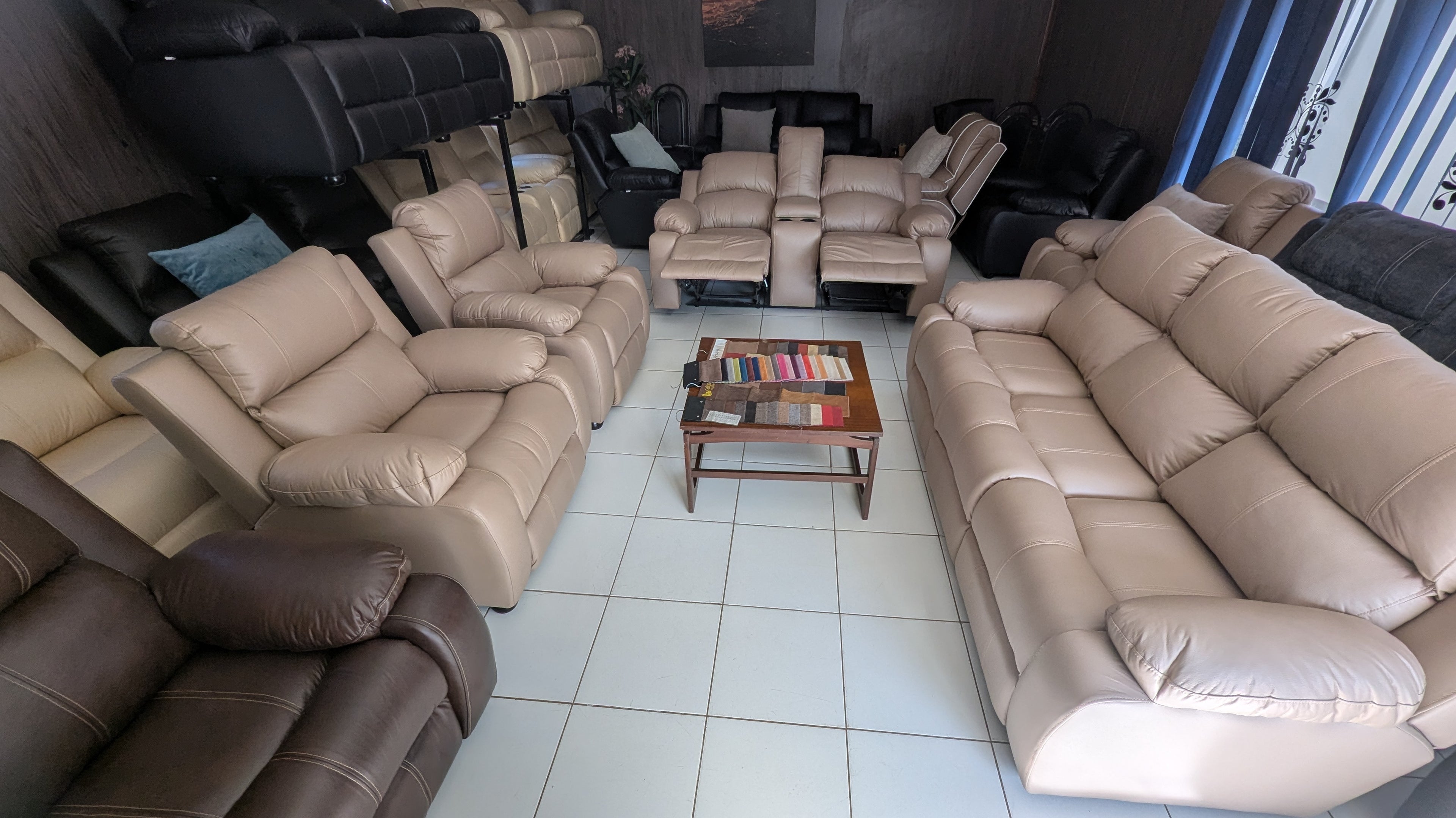 7-Seater Beige Buffalo Fabric Recliner Lounge Suite with Console & Cup Holders
