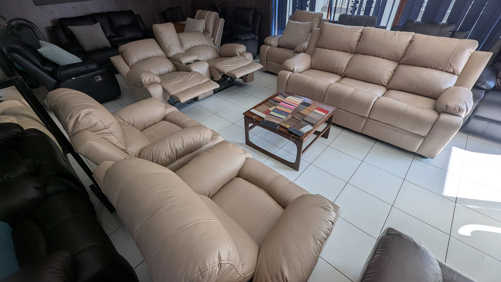 7-Seater Beige Buffalo Fabric Recliner Lounge Suite with Console & Cup Holders