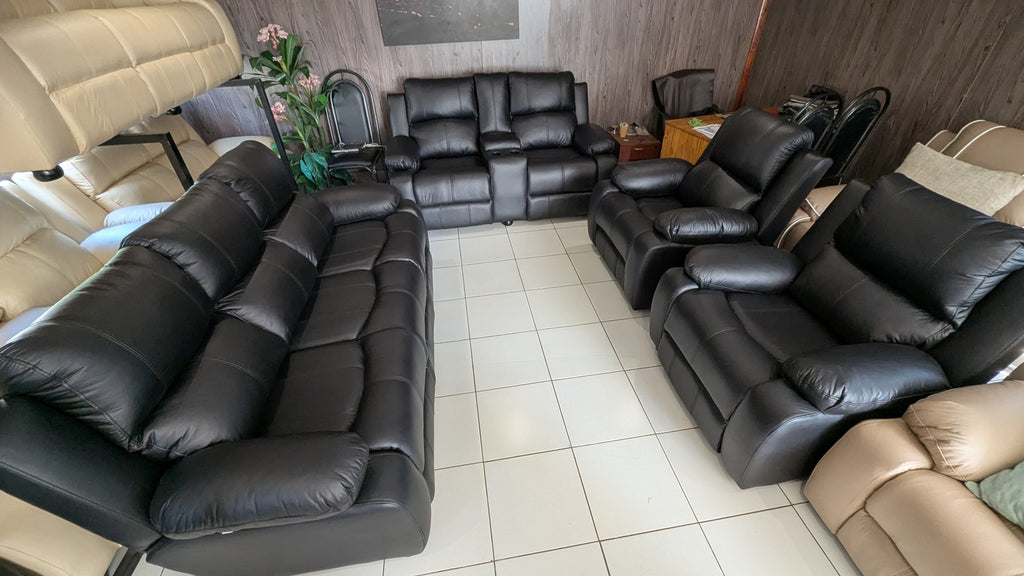 7-Seater Black Buffalo Fabric Lounge Suite with Console & Cup Holders