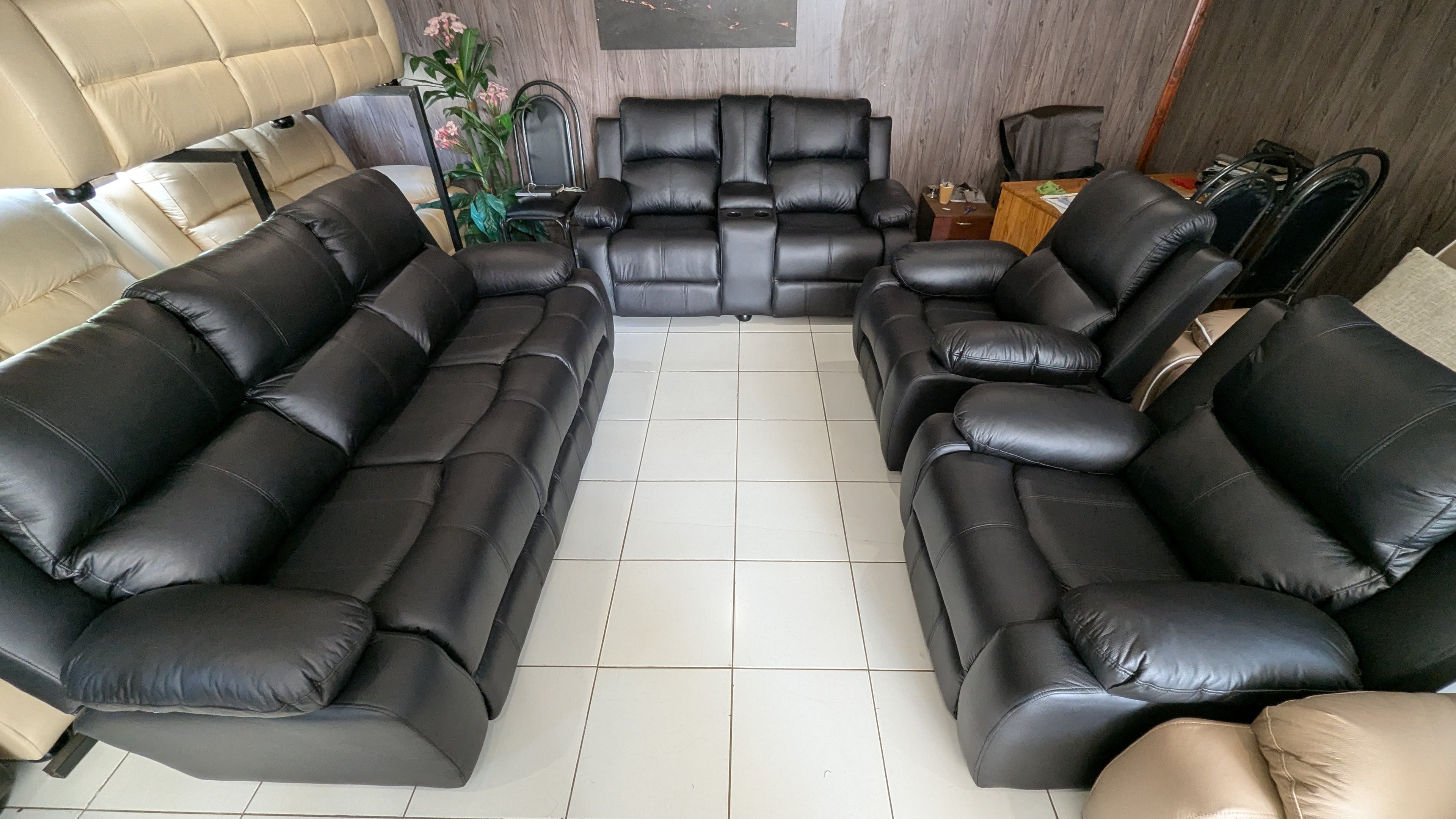 7-Seater Black Buffalo Fabric Lounge Suite with Console & Cup Holders