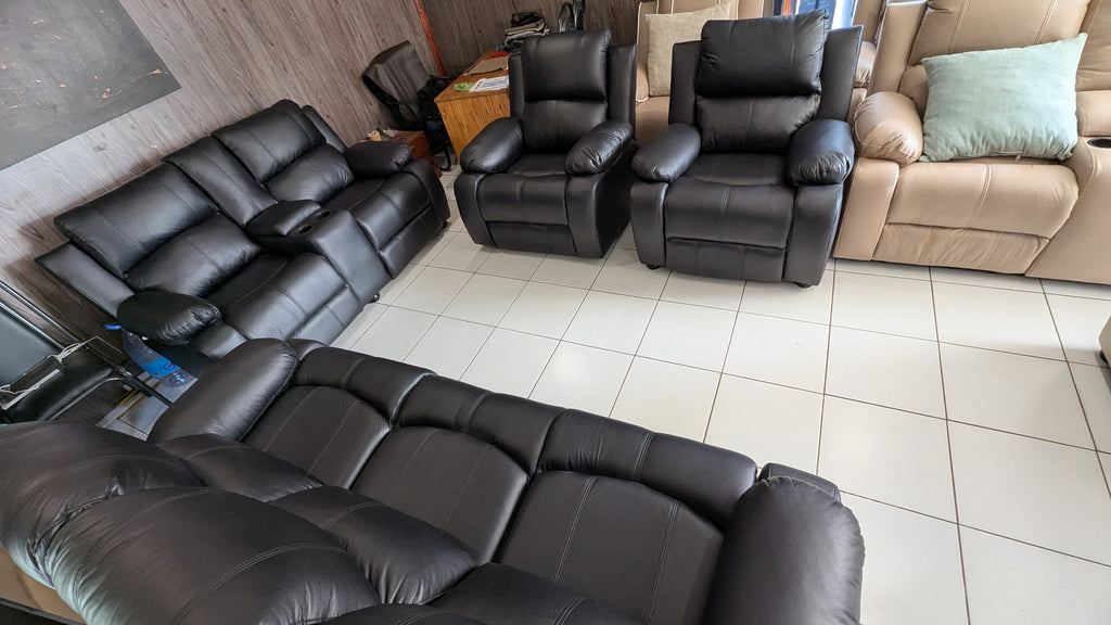 7-Seater Black Buffalo Fabric Lounge Suite with Console & Cup Holders