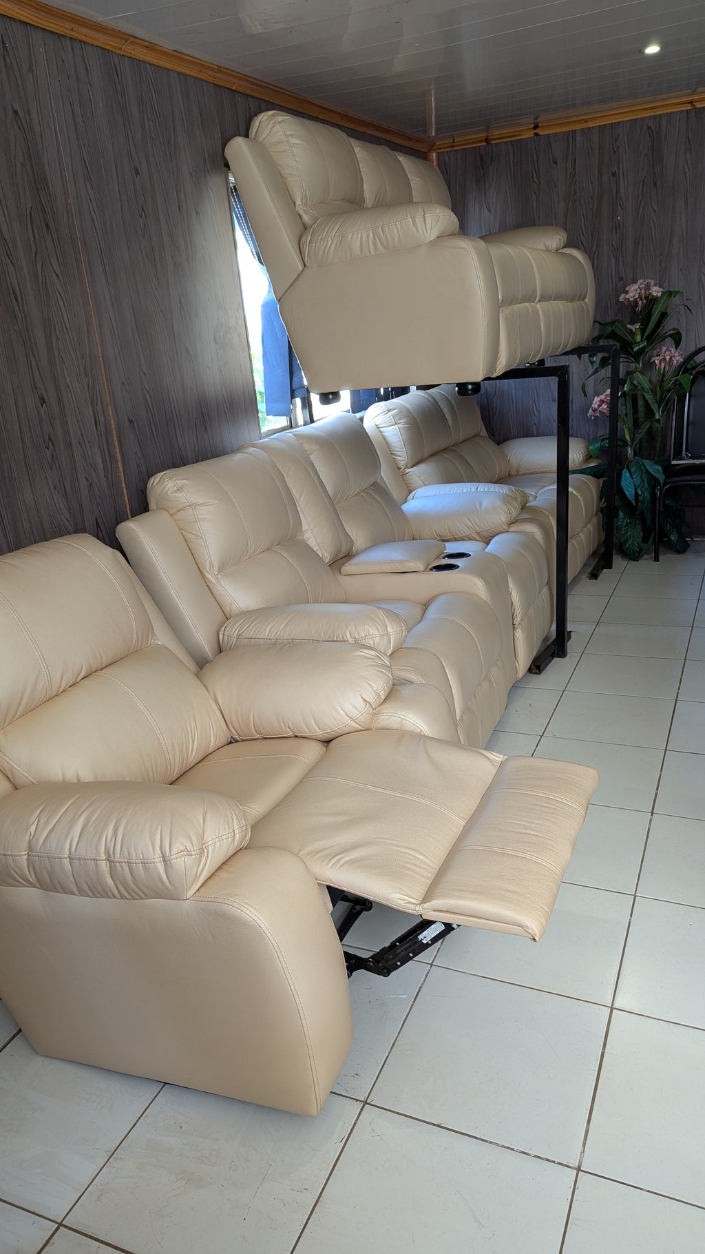 8-Seater Cream Buffalo Fabric Lounge Suite with Recliner & Console Option