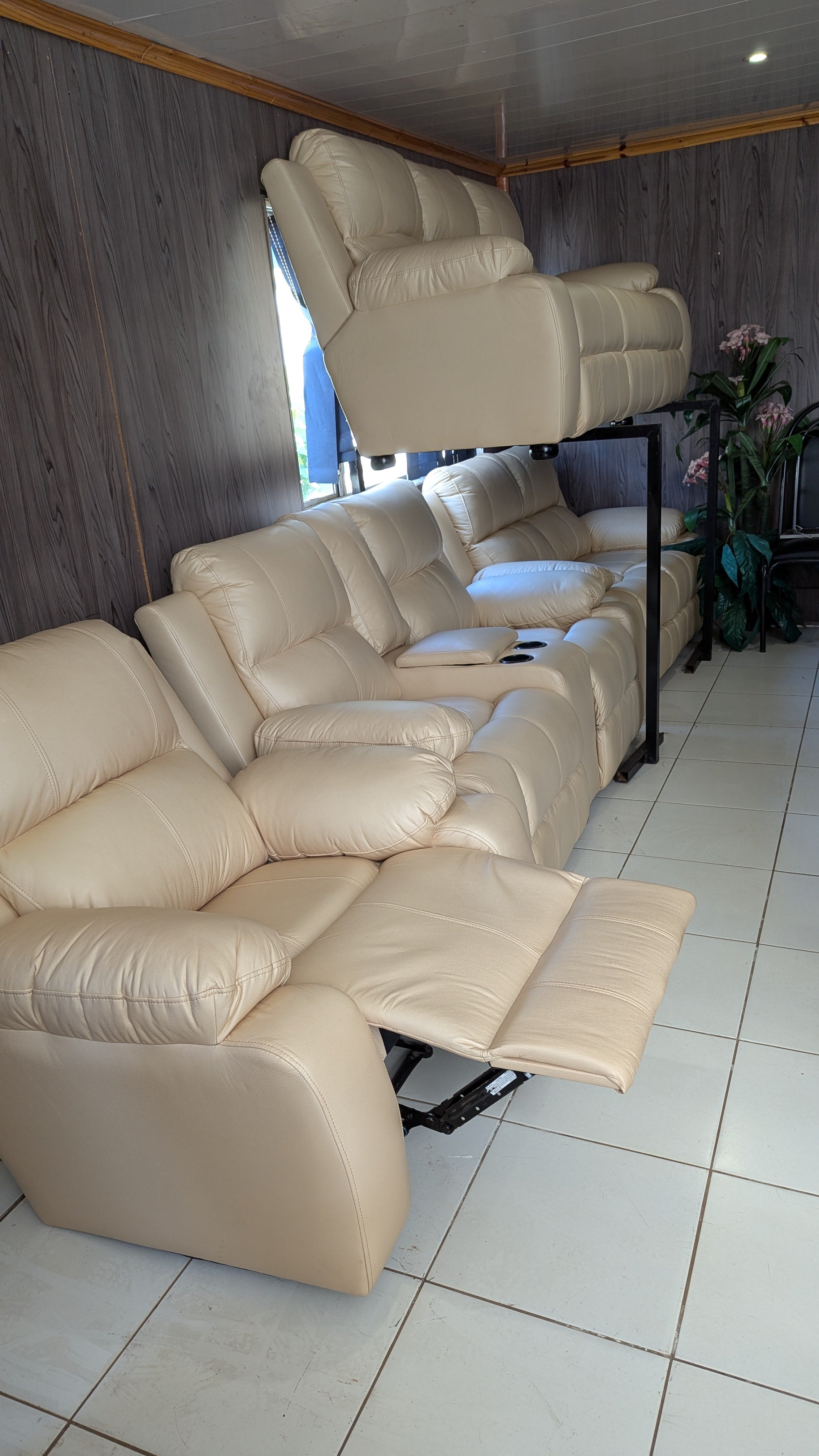 8-Seater Cream Buffalo Fabric Lounge Suite with Recliner & Console Option