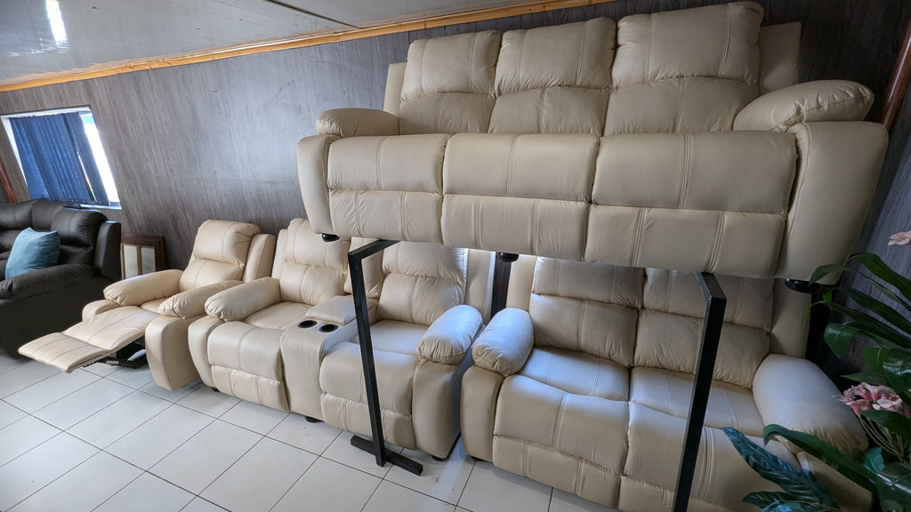 8-Seater Cream Buffalo Fabric Lounge Suite with Recliner & Console Option