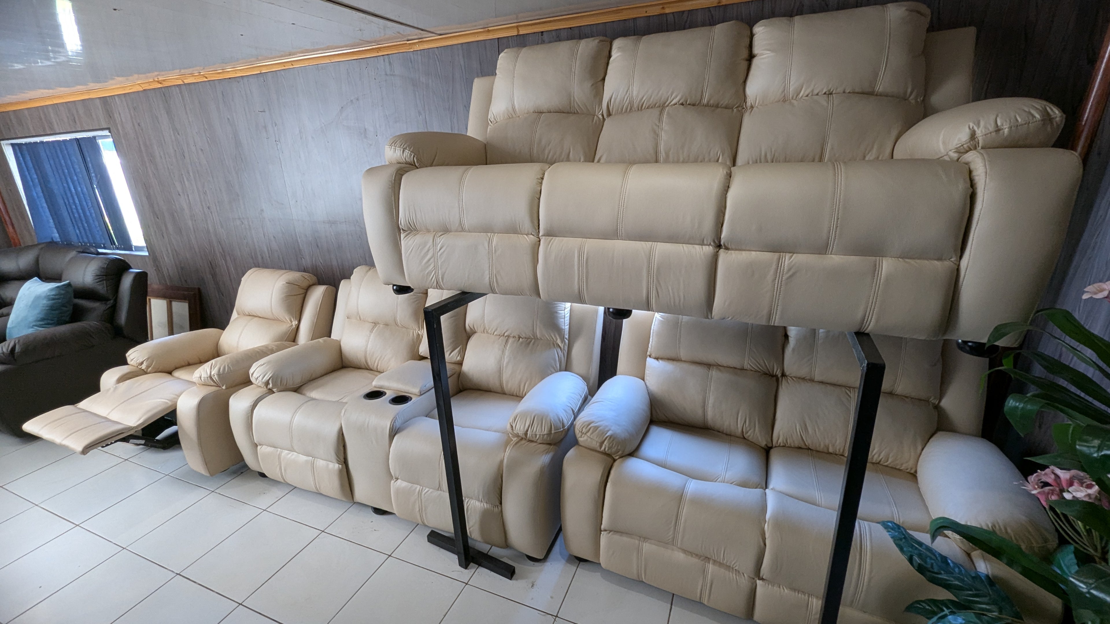 8-Seater Cream Buffalo Fabric Lounge Suite with Recliner & Console Option