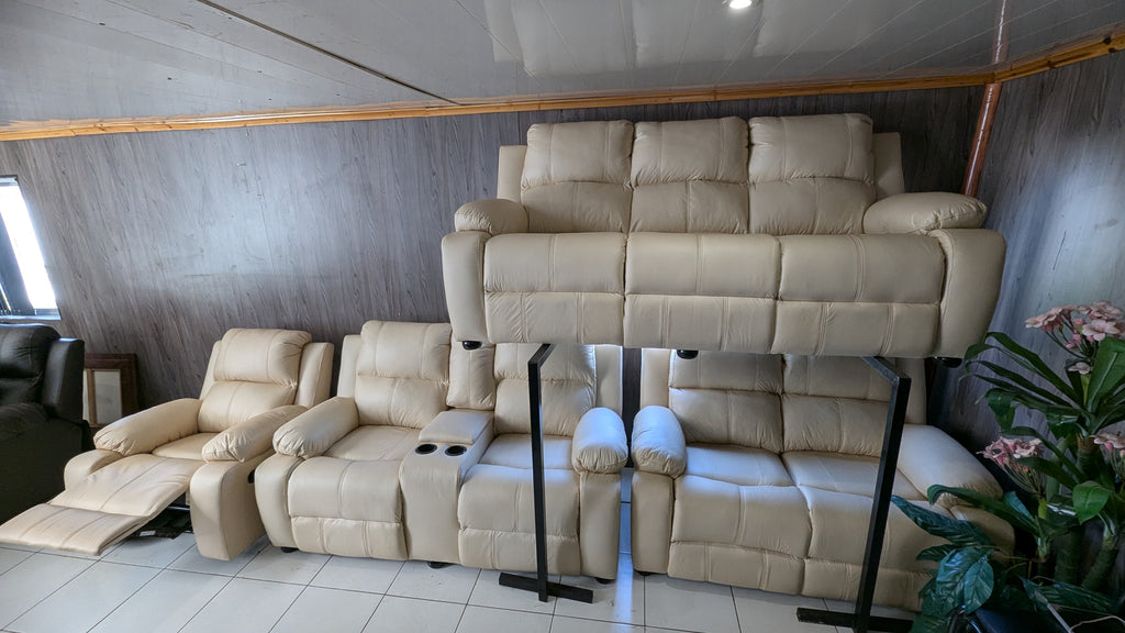 8-Seater Cream Buffalo Fabric Lounge Suite with Recliner & Console Option
