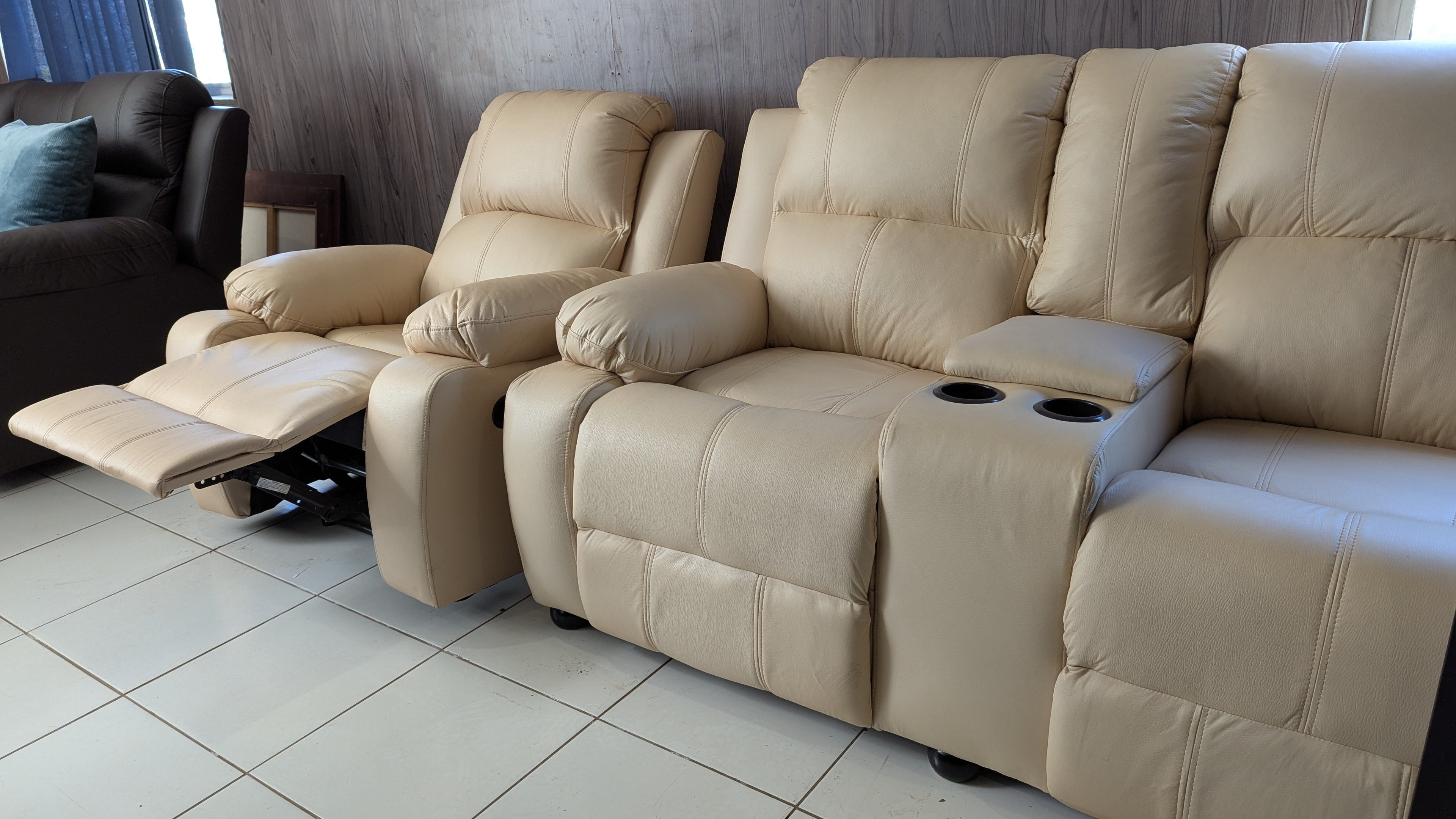 8-Seater Cream Buffalo Fabric Lounge Suite with Recliner & Console Option