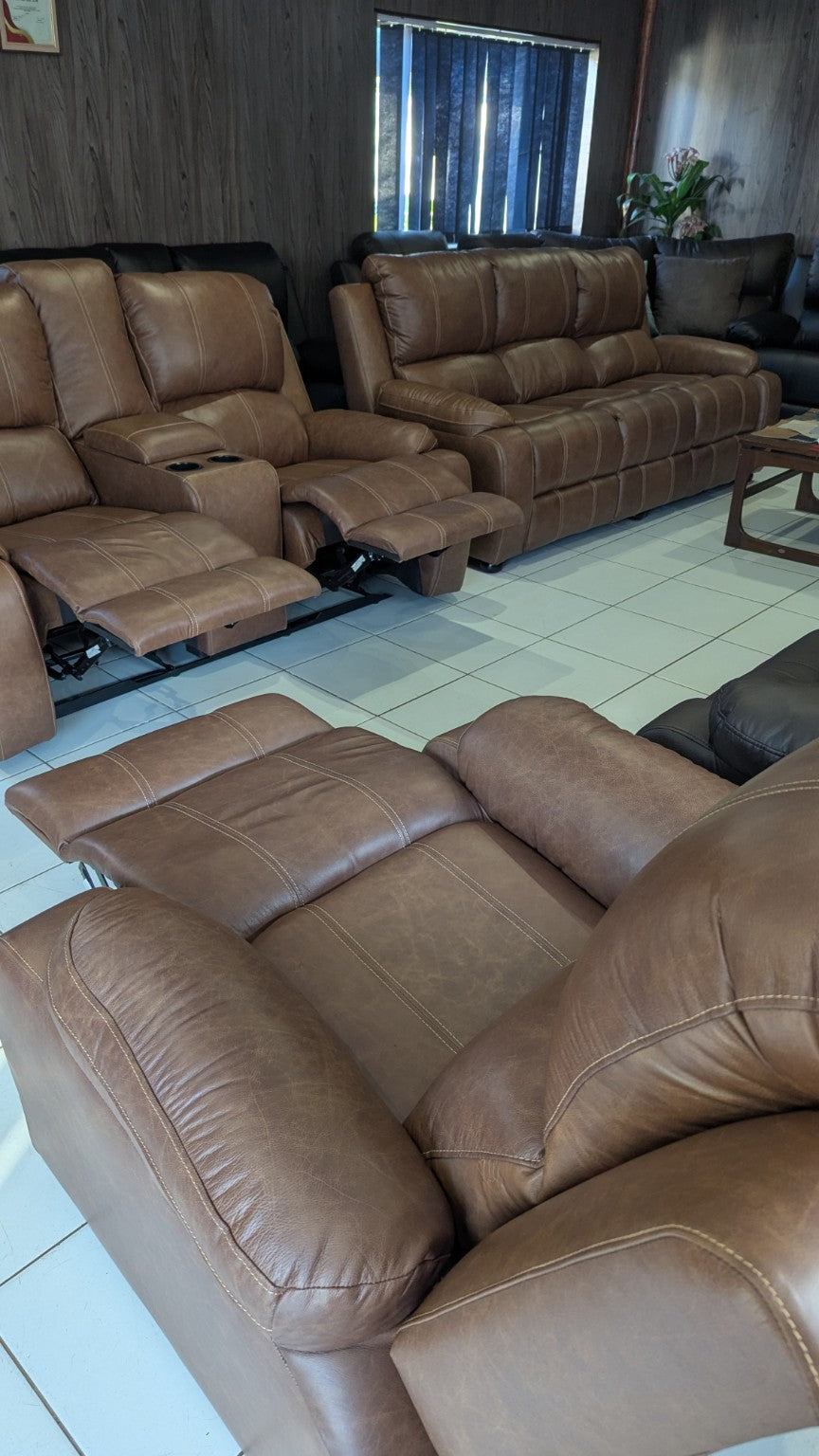 Brown genuine leather 3-2-1 recliner sofa set showing reclining two-seater and three-seater