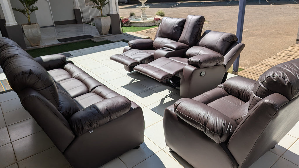 Brown Buffalo Fabric Recliner Lounge Suite with Console & Dual Reclining Seats