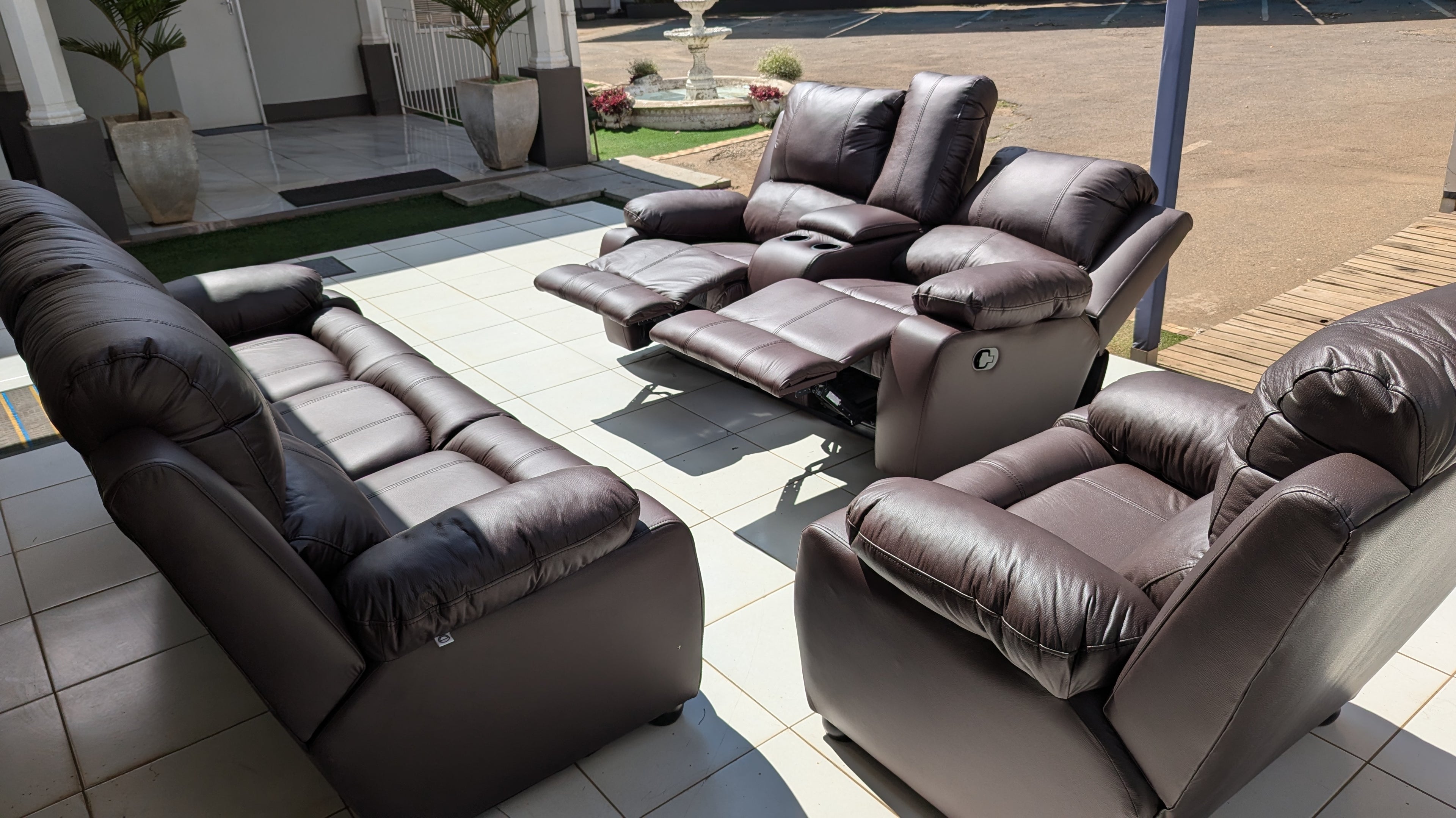 Brown Buffalo Fabric Recliner Lounge Suite with Console & Dual Reclining Seats