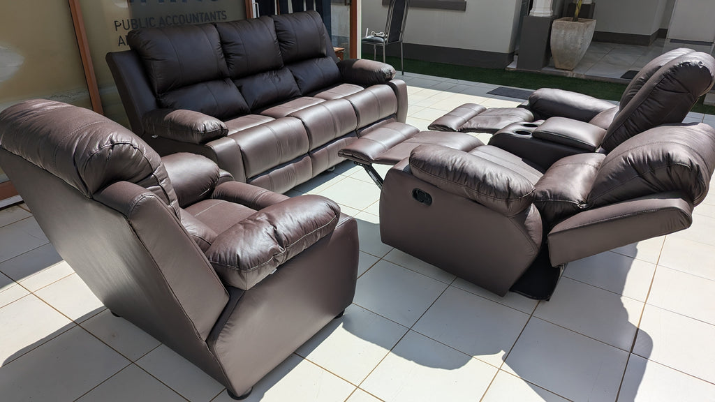 Brown Buffalo Fabric Recliner Lounge Suite with Console & Dual Reclining Seats
