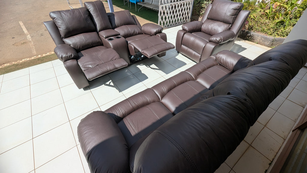 Brown Buffalo Fabric Recliner Lounge Suite with Console & Dual Reclining Seats