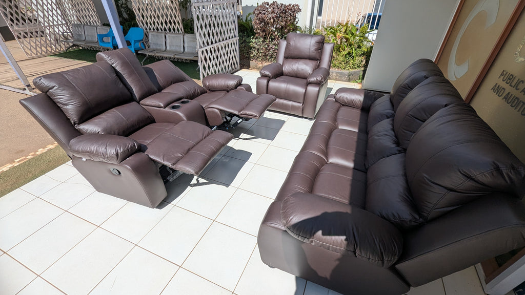 Brown Buffalo Fabric Recliner Lounge Suite with Console & Dual Reclining Seats