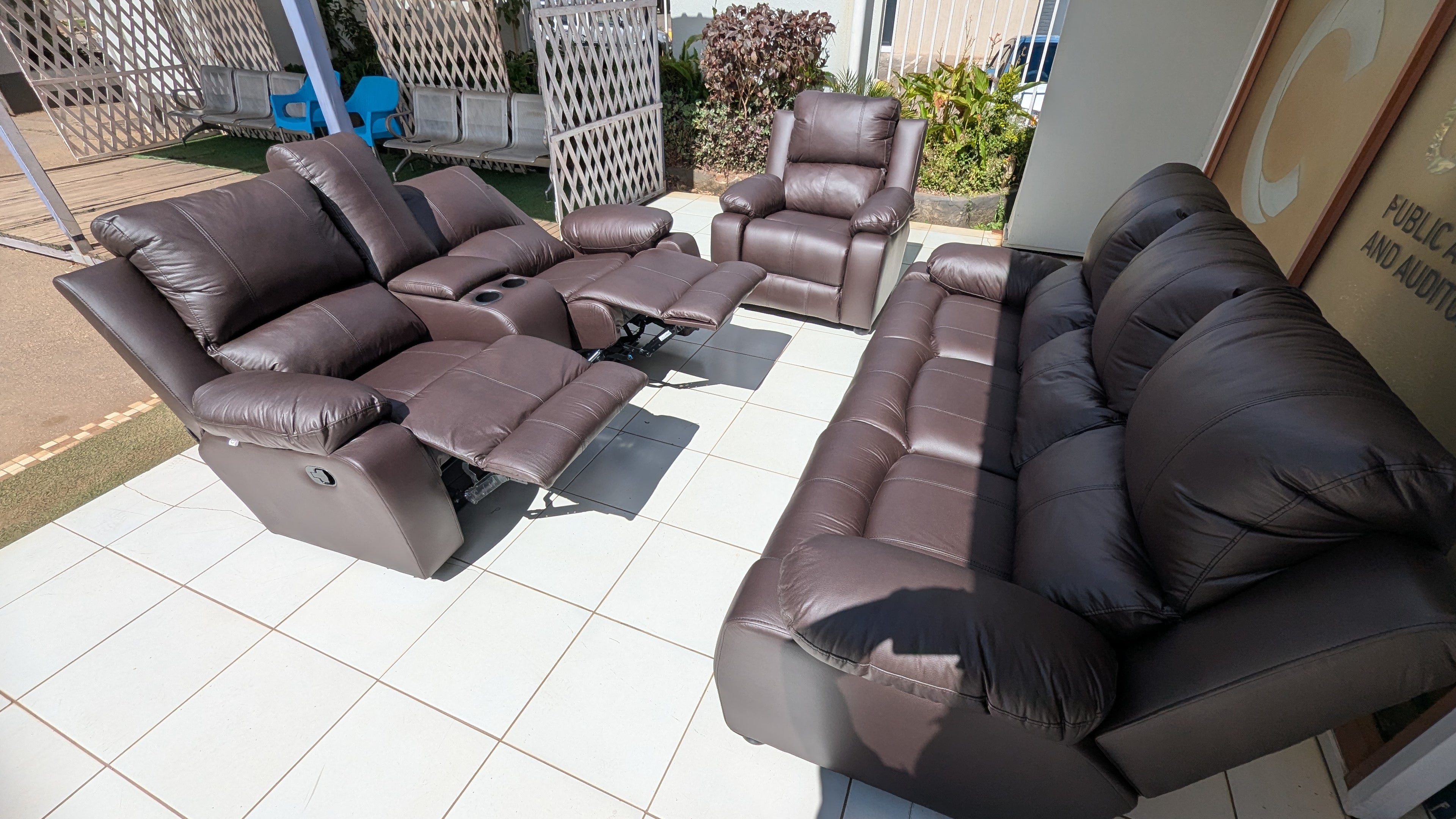 Brown Buffalo Fabric Recliner Lounge Suite with Console & Dual Reclining Seats
