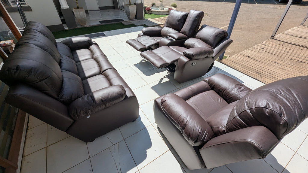 Brown Buffalo Fabric Recliner Lounge Suite with Console & Dual Reclining Seats