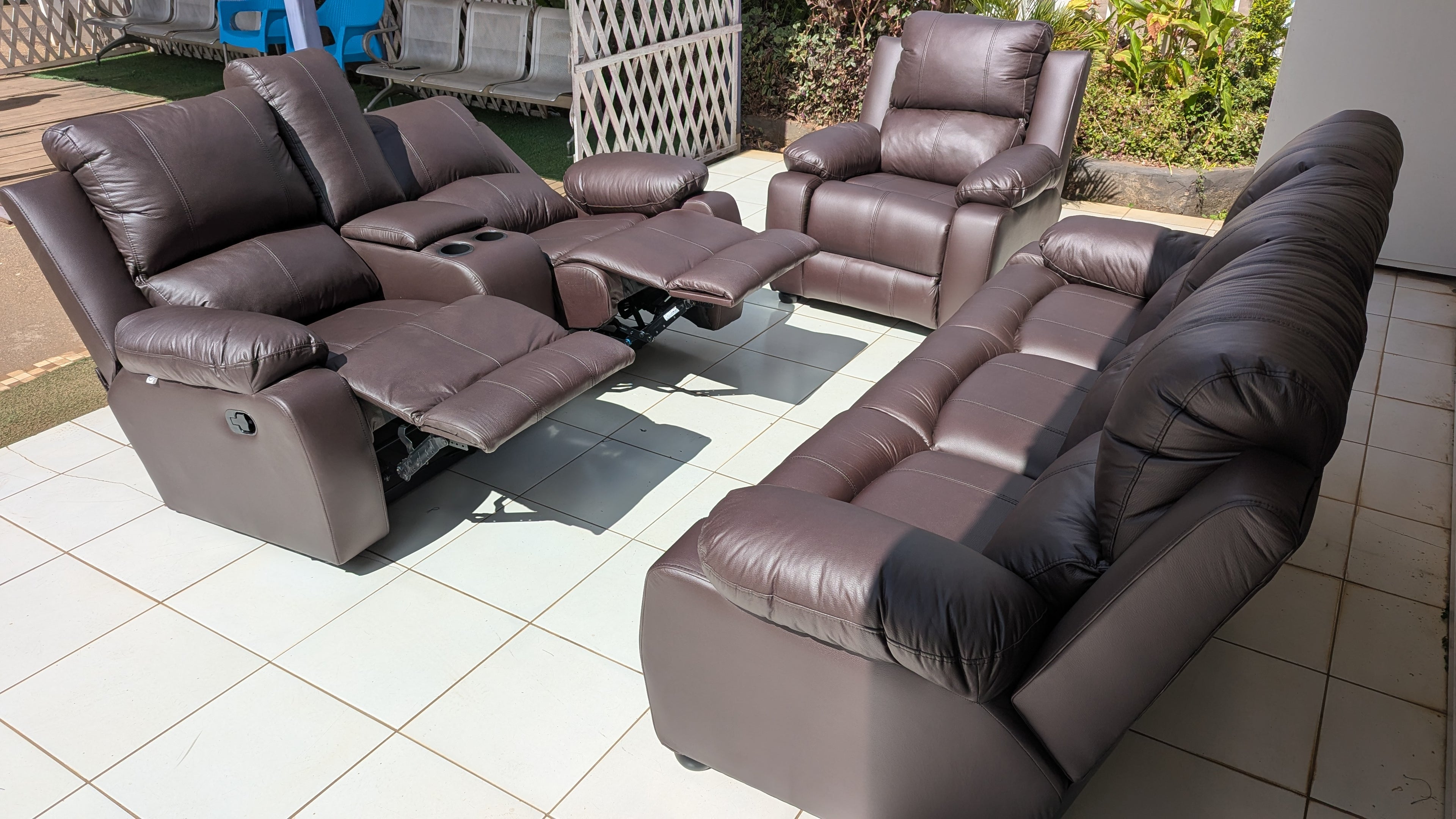Brown Buffalo Fabric Recliner Lounge Suite with Console & Dual Reclining Seats