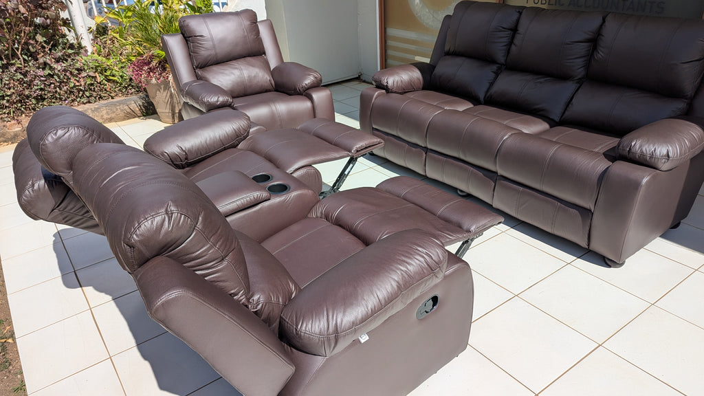 Brown Buffalo Fabric Recliner Lounge Suite with Console & Dual Reclining Seats