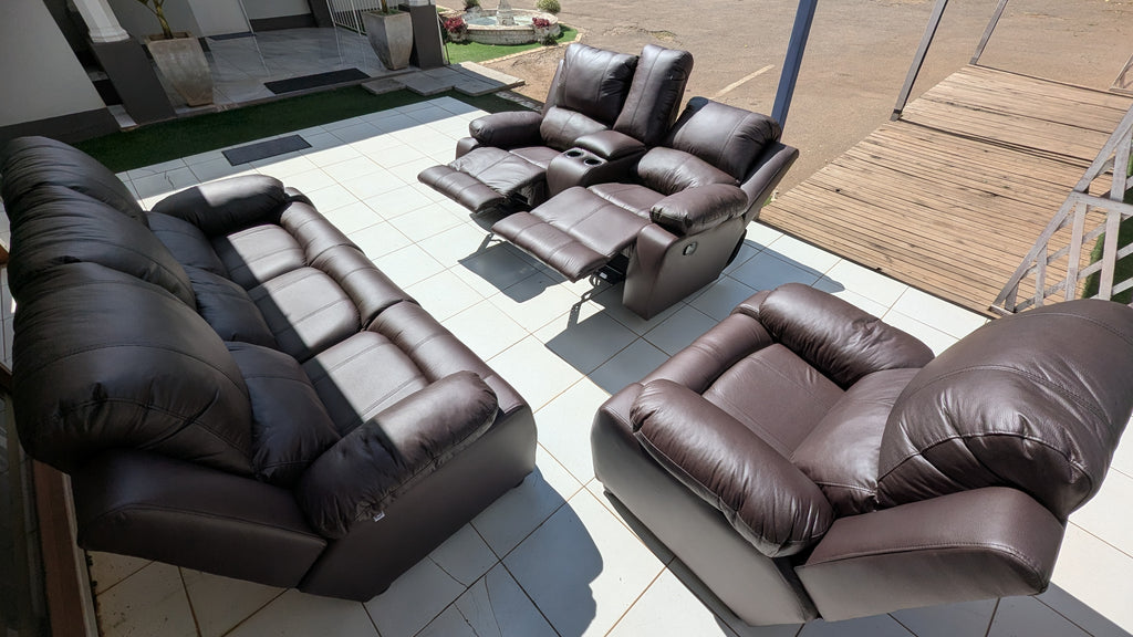 Brown Buffalo Fabric Recliner Lounge Suite with Console & Dual Reclining Seats
